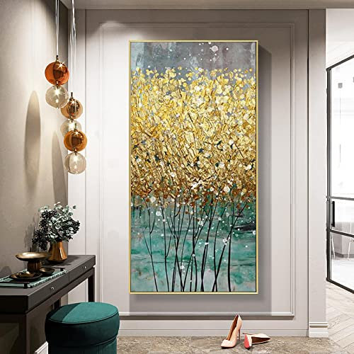Jianghu Art Moderne Übergröße Abstrakte Rahmen Grün Gold Leinwand Gemälde Große Größe Gold Wandkunst Poster Bild Wohnzimmer Dekoration 60x130cm(24x51in) mit Rahmen