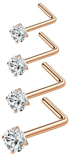 Diamday 20G 4Pcs Piercing Nez Anneaux L Forme Acier Inoxydable Nostril Piercing Set Hypoallergénique Tire Bouchon Nez Anneaux Corps Bijoux pour Femmes Hommes 1.5mm 2mm 2.5mm 3mm Or Rose