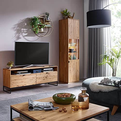 Lomadox Wohnwand Set (TV-Lowboard und Vitrine mit Beleuchtung) mit Couchtisch in Wildeiche massiv geölt