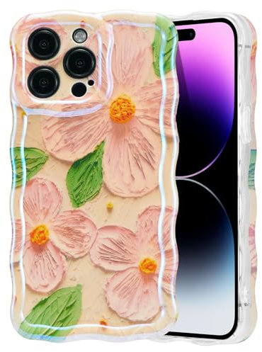 EYZUTAK Case for iPhone 12 Pro, Colorful Retro Oil Painting Flower Leaf Laser Glossy Pattern Cute Curly Wave Edge Exquisite Phone Cover Stylish Durable TPU Protective Case for Girls Women - Pink Green