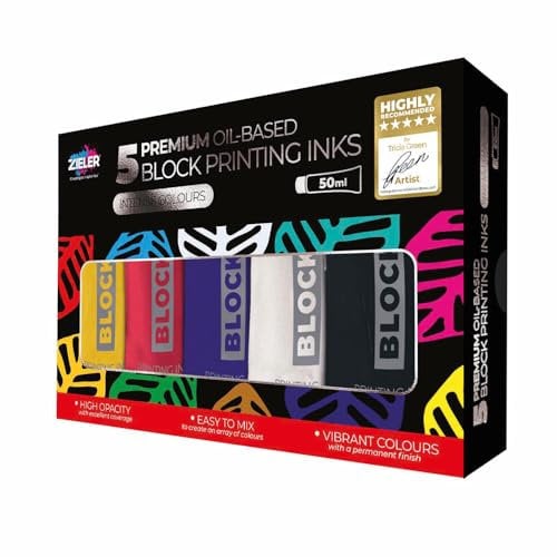 Zieler® - 5 Premium Oil-Based Block Printing Inks (50ml) | Intense Colours | High Opacity | Easy to Mix