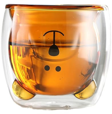 CAPIJIONG 250ml/8.5oz Household Bear Double Glass Coffee Cup Cute Animal Couple Breakfast Milk Cup-Amber