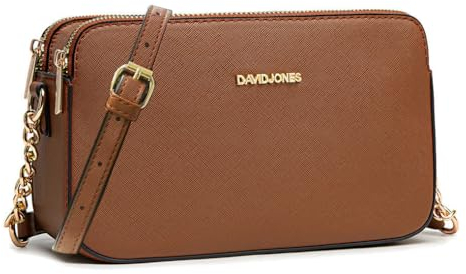 David Jones - Petit Sac Bandoulière Femme - Pochette Téléphone Portable Cuir PU Rigide - Besace Chaînes Porté Epaule - Sacoche 3 Compartiments Poches - Soirée Shopping Ville Tendance - Marron Cognac