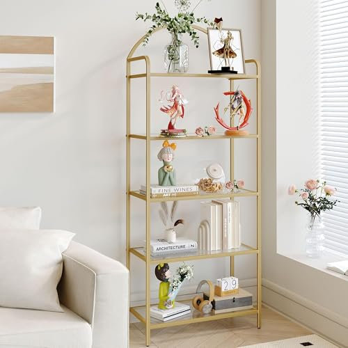 Hzuaneri Estantería Libros de 5 Niveles, Organizador Estante de salón, Estantería para Dormitorio, baño, Oficina en casa, para Plantas, CD, decoración, Recuerdo, Estructura de Acero, Dorado BC21599G