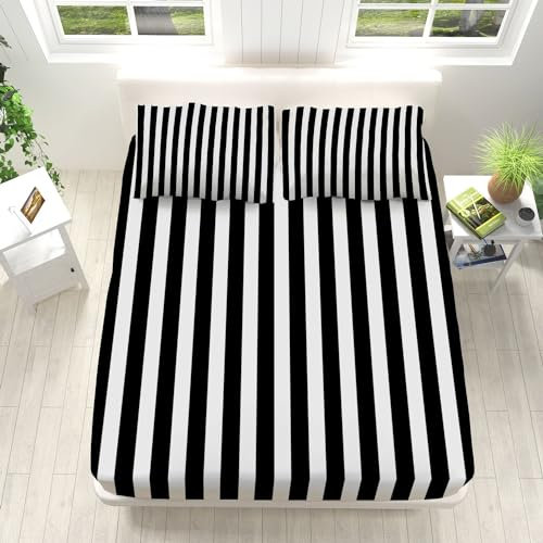 Boxspringbett Spannbettlaken 140x200cm Schwarz-Weiß Gestreift Spannbettlaken für Topper, Spannbetttuch Weiche Atmungsaktiv Hypoallergen Microfaser, Spannbettlaken Sets mit 2 Kissenbezug