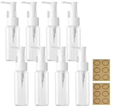 8Pcs 50ML Empty Lotion Dispenser - Apstaqeoo Refillable Clear Plastic Oval Travel Bottles Makeup Cosmetic Flat Container Dispenser with Pump Head & Labels for Gel Creams Shampoo Massage Cleansing Oil