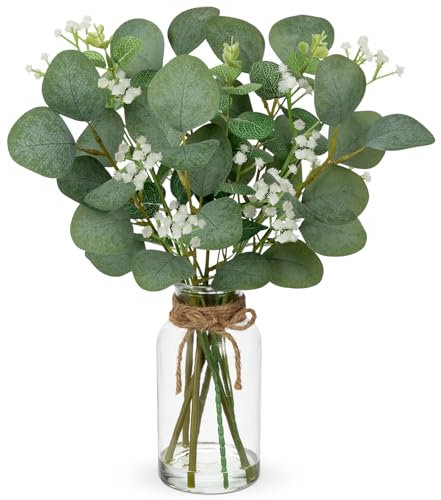 Künstliche Eukalyptus Stämme in Klarglas Vase mit Faux Wasser, 36cm Fake Pflanze Eukalyptus Blätter mit Gypsophila für Home Office Bauernhof Hochzeit Mittelstück Tisch Dekoration