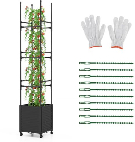 RELAX4LIFE Letto da Giardino Rialzato con Traliccio, Vaso per Piante da Patio con 3 Opzioni di Altezza, Ruote, Autoirrigazione, in Metallo Rivestito in PE, Torre da 219 cm per Piante Rampicanti