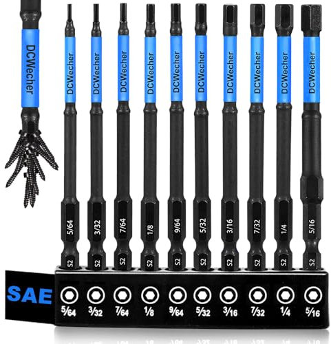 Impact Hex Head Allen Wrench Drill Bit Set 10pcs (SAE), 1/4 Hex-Shank S2 Steel Hex Bits Set, CNC Machined Tips with Magnetism, 4 Long with Storage Box