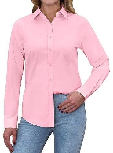siliteelon Women's Shirts Long Sleeve Stretch Shirts for Women Regular Fit Dress Shirt Button Down Shirt Women Executive Office Business Casual Cotton Ladies Shirt Pink