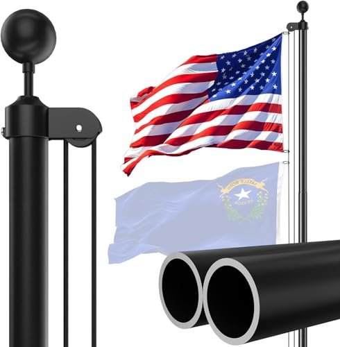 SCWN Robuster Fahnenmast – 6,8 m, 12 Gauge, extra dickes Aluminium-Fahnenmast-Set mit 12 x 7,6 cm Nylon-bestickter Flagge für Haus im Boden, 12 km/h, windschwarz