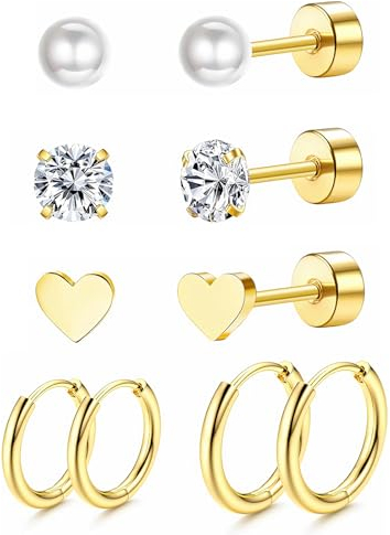 Rienan 5 Paar Titan Ohrringe Damen Titan Ohrringe Ohrringe Titan Ohrringe Gold Goldene Ohrringe Damen für Damen Und Herren, Hypoallergenes Schlafohrring Set (Gold).