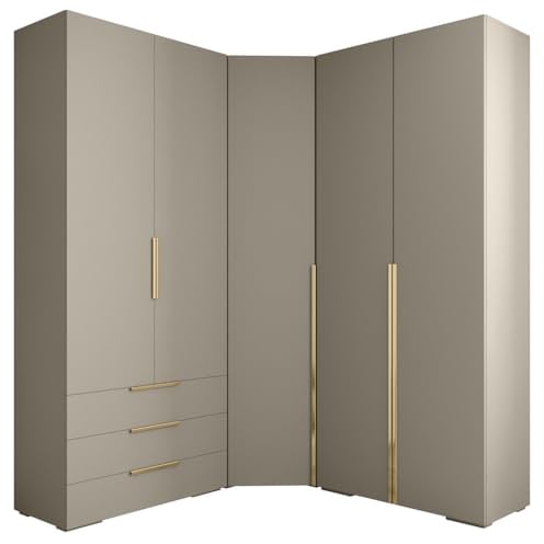 MEBLE KRYSPOL Inova 1 Möbelset - Moderne Garderobe - für Schlafzimmer, Wohnzimmer, Flur, Kinderzimmer - Ankleidemöbel - 236,7x281,7x47cm - Kaschmir, Handgriff Gold