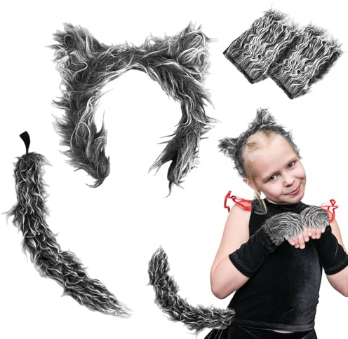 UILYNIU 4 Stück Wolf Kostüm Zubehör Set Wolf Ohren Handschuhe Wolf Schwanz Wolf Kostüm Furry Kostüm Halloween Kostüm Kinder Erwachsene Werwolf Kostüm Zubehör für Halloween Party Cosplay