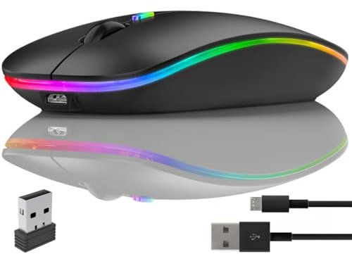 “Wireless Rechargeable Bluetooth Mouse with USB Receiver, Slim Silent Click Design, RGB LED Backlit, 2.4G Portable Optical Mouse for Laptop PC Computer Office Home Use – USB Charging Cable Included”