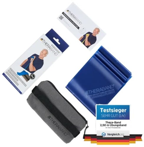 TheraBand 2,50m inkl. Türanker + Tasche blau | Widerstand 2,6kg | Terrabänder | Gymnastikband | Fitnessband | Stretchband | Heimtraining, Krafttraining, Rückenübungen, Therapie, Reha | 100% Naturlatex