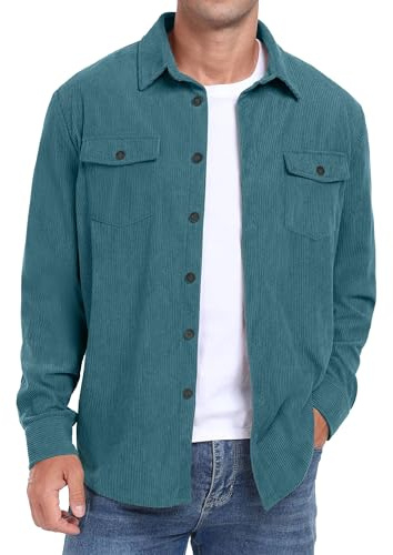 QIXING Chemise boutonnée en velours côtelé à manches longues pour homme Shacket Veste de camionneur d'automne et d'hiver Manteaux avec poches à rabat, bleu / vert, XL