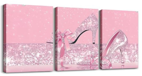 Loussiesd Glitter (kein Glitter) Badezimmer Leinwandbilder Pastell High Heels Schuhe 3er Poster Set für Wohnzimmer für stilvolle Büro Wandbilder Silber glänzend (Grau Rosa)