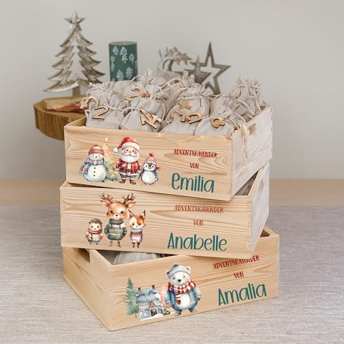 wolga-kreativ Personalisierter Adventskalender 2025 Adventskiste Holzkiste zum Befüllen Weihnachtsdeko Advent für Kinder Baby Kleinkind personalisiert Name Waldtiere