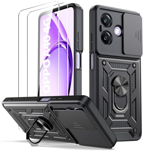 Oududianzi - Cover per Oppo A40 / A40M / A60 5G Custodia,[2 Pellicola Vetro Temperato] con Coperchio Scorrevole della Fotocamera, 360 ° staffa girevole e manicotto protettivo in silicone TPU - Nero