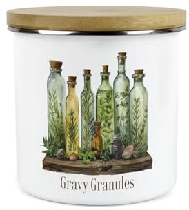 Gravy Granules Storage Canister - Green Herb Oils 1.2L Enamel Food/Ingredients Storage Container - Mystical Apothecary Kitchen Gifts
