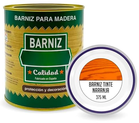 Tradineur - Bote de Barniz para Madera - Fabricado en España - Ideal para todo tipo de Maderas, vigas, cerchas, marcos, etc. - Capacidad de 375 ML - Naranja