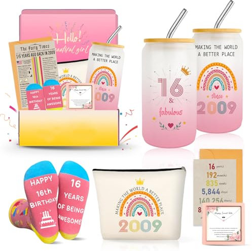 Zyphoria Sweet 16th Birthday Gifts for Girls, Cool 16 Year Old Girl Gift Ideas for Her Granddaughter Daughter Niece Teens, Happy 2009 Sixteen Decorations Presents Basket Glass Cup Sock Necklace