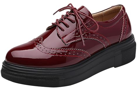 ANUFER Donna Elegante Stringato Scarpe Brogues Piattaforma Finta Pelle Verniciata Informale Scarpe da Ginnastica SN0701109 Borgogna EU41