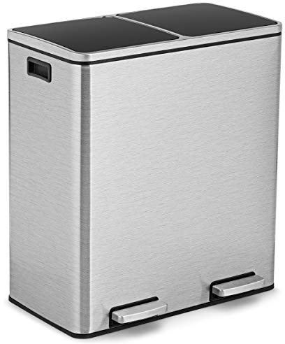 BDSHGRDH kitchen bin， 60L Double Rubbish Bin, 2 x 30L Stainless Steel Recycle Pedal Kitchen Bin with Dual Removable Buckets, Soft Closure Flat Lid & 2 Handles(Silver)