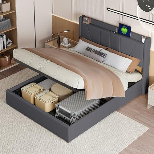 JDEFARF 140 x 200 cm hochklappbares Bettgestell mit USB, gepolstertes Plattformbett mit LED, Holzlattenstütze, kein Boxspringbett erforderlich (Grau, 140 x 200 cm)