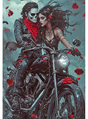 DCIDBEI DIY Diamond Painting Groß Starterset Schädel mit Glitzer Gothic 40x50cm Perlen Bilder Skull Motorrad 5D Diamant Malerei Gemälde Malen nach Zahlen Erwachsene Totenkopf auf Motorrad Leben Tod