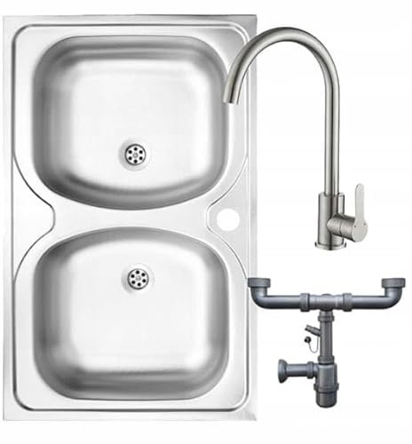 DomoDomo fregadero de 2 compartimentos, fregadero de encimera, fregadero doble, acero 80x50 cm + orificio para grifo de lavabo + grifo mezclador + sifón