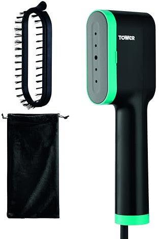 Tower T22038TL Ceraglide Handheld Garment Steamer with Ceramic Soleplate, Brush Attachment, Vertical Steaming, 1400W, Black & Teal