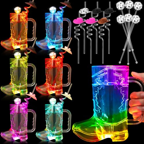 Ziliny 6 Sets LED Cowboy Boot Mug Cups including 17 oz LED Colorful Flashing Cowboy Drink Mugs Hat Straws Mirror Disco Ball Stirrers for Western Theme Bachelorette Birthday Party Supplies