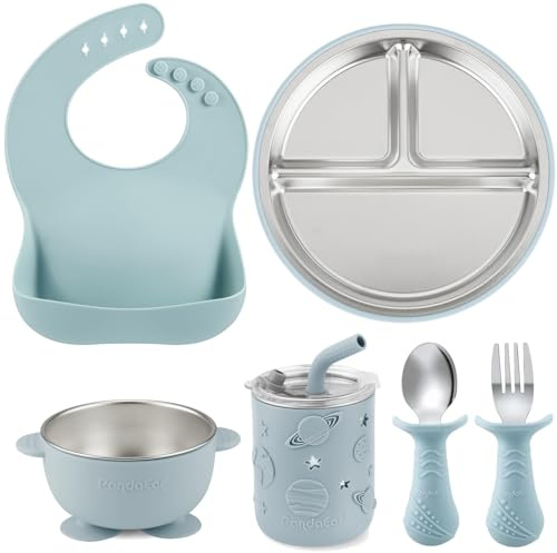 PandaEar Juego de Alimentación para Bebé 6 en 1 de Acero Inoxidable, Plato Dividido con Succión, Cuenco, Vaso con Pajita, Babero, Cuchara y Tenedor, Esenciales para la Autoalimentación sin BPA, Azul