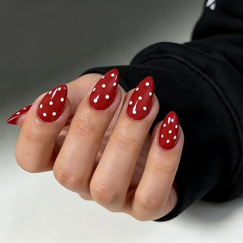 SXVME Light Red Press On Nails Short Almond, Polka Dot False Nails Short Stiletto, Cute White Polka Dot Fake Nails Press ons, Reusable Soft Gel Glue On Nails for Women Manicure, 30 Pcs