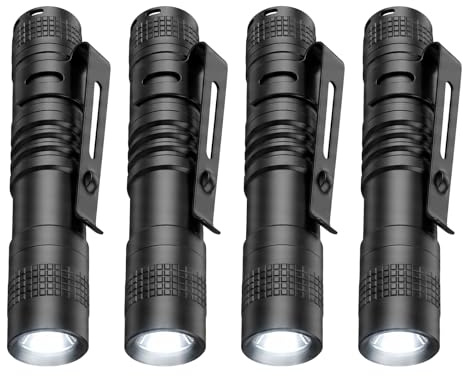 4-Pack Mini Pocket LED Torch, Super Bright Waterproof Flashlight | with Pocket Clip, Small Torches for Household Workshop Hiking Repair Powered by 1*AAA Battery (not Included), Black