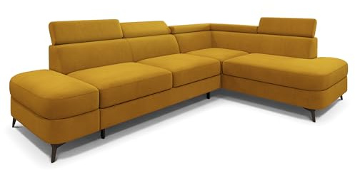 Masseno Ecksofa AVISE MV R-S mit Schlaffunktion L-Form, Klassisch Sofa mit Bettkasten, Wohnzimmersofa, Couch, Soffa, Bettsofa, Couchgarnitur - Gelb, MATT Velvet 48
