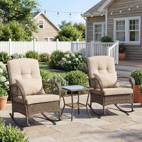GarveeMore Rattan Schaukelstuhl & Tisch, 2 Schaukelsessel Mit Kissen, Balkonmöbel 3-Teiliges Set, Gartenstuhl Gartenmöbel Set Für 2 Personen, Loungemöbel Für Hinterhof, Garten, Balkon, Terrassen