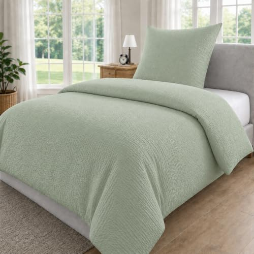 MALIKA 2 teilige Seersucker Bettwäsche, 1x 135x200 + 1x 80x80 cm, Salbei | Reißverschluss, ÖkoTex-100, weich und angenehm auf der Haut, frisches Schlafklima, pflegeleicht und langlebig
