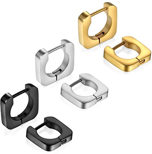 JewelryWe Ohrringe Creolen Damen Herren: 3 Paar Edelstahl Geometrisch Quadratisch Quadrat Viereck Viereckig Klein Creolen Huggie Ohr Manschette Ohrstecker Ohrhänger Ohrpiercings Silber Schwarz Gold