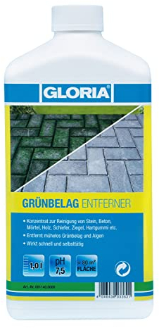 GLORIA Grünbelag Entferner | 1 L Konzentrat | Algenentferner | Reinigungsmittel Outdoor| selbsttätig mit Langzeitschutz | entfernt Grünbelag & Algen | Außenbereich