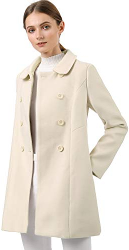 Allegra K Women's Peter Pan Collar Double Breasted Winter Long Trench Pea Coat Beige M