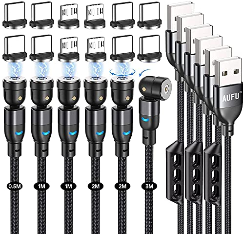 AUFU Magnet Ladekabel, Magnetisches Ladekabel [6Stück, 0.5m 1m 1m 2m 2m 3m], USB C Magnet Kabel 360° und 180° Drehbar kabel Magnetisch mit Micro USB/Type C für Smartphone -Schwarz