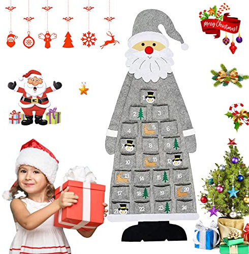 Horolas Albero Natale Feltro, Calendario dell'Avvento di Babbo Natale Da Appendere a Parete, Calendario per Il Conto Alla Rovescia In Feltro di Natale con 24 Tasche per Bambini Natale Regali(Grigio)