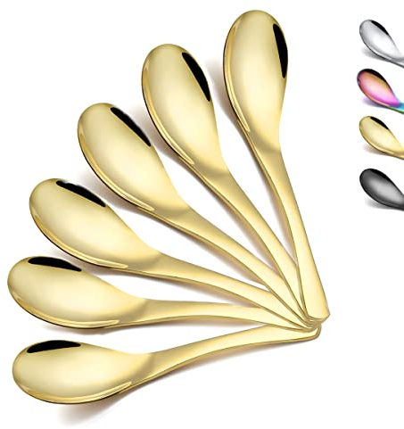Gold Soup Spoon,Kyraton Titanium Gold Plated Stainless Steel Thick Heavy-Weight Table Spoons,Dishwasher Safe(6 Pieces)