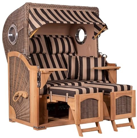 MR. DEKO® Strandkorb Düne Teak 2-Sitzer Bullauge | PE Geflecht Grey | Volllieger Strandstuhl verstellbar | inkl. 4 Kissen Wechselpolster | Strandkörbe fertig montiert aus Teakholz | (Dessin 581)