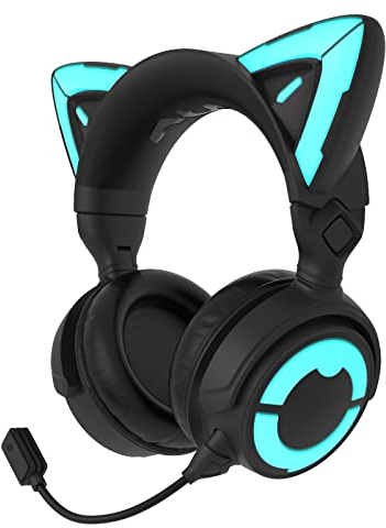 YOWU RGB Cat Ear Headphone 4, Upgraded Wireless & Wired Gaming Headset with Attachable HD Microphone -Active Noise Reduction, Dual-Channel Stereo & Customizable Lighting and Effect via APP (Black)