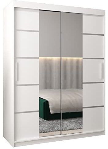 MEBLE KRYSPOL Verona 4 150 Schlafzimmerschrank Schiebetüren Schrank mit Spiegel Kleiderschrank mit Spiegel Schiebetürenschrank Kleiderschrank Schiebetüren – 150x200x62cm - Mattweiß