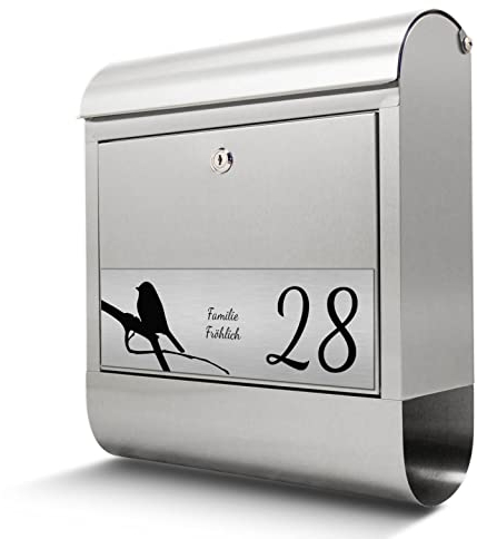 banjado® Briefkasten personalisiert mit graviertem Namensschild in Silber/Briefkasten Edelstahl 38x43x12cm / Briefkasten mit Hausnummer, Namen & Motiv Früher Vogel/Briefkasten mit Zeitungsfach